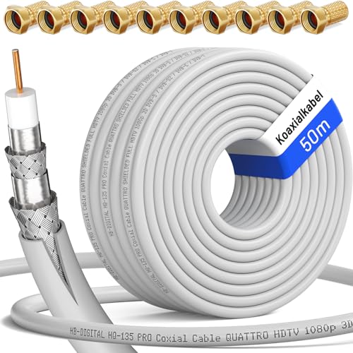 HB-DIGITAL 50m SAT Koaxial Kabel 135dB 8K 4K UHD 4-Fach geschirmt für DVB-S / S2 DVB-C / C2 DVB-T / T2 DAB+ Radio + inkl. 10x vergoldete F-Stecker BK Anlagen - Stahl/Kupfer Innenleiter - Weiss