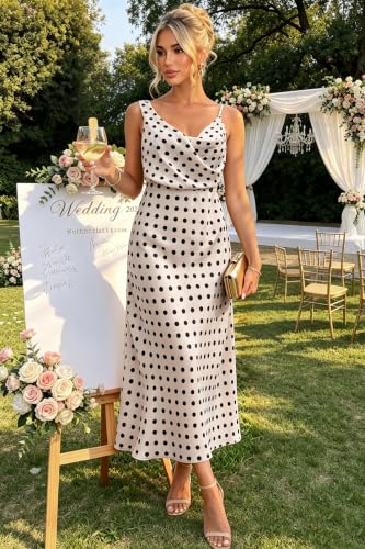 Image of Women's Summer Satin Dress Elegant Cowl Neck Adjustable Spaghetti Strap Wedding Guest Cocktail Party Maxi Dresses