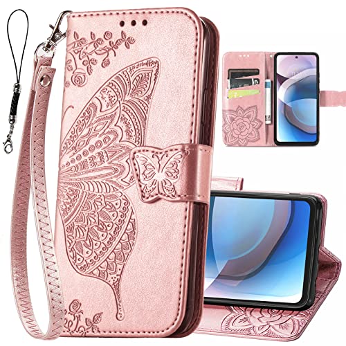 KRHGEIK for Motorola One 5G Ace Phone Wallet Case,Women Butterfly Embossed PU Leather Kickstand Card Slots Wrist Strap Flip Cover for Motorola Moto One 5G Ace 6.7