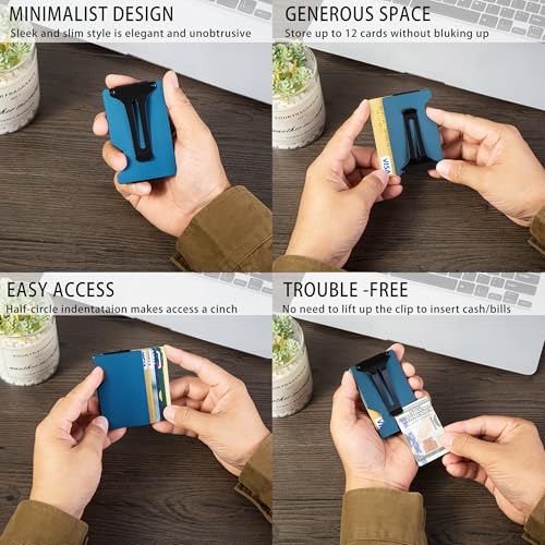 Image of Minimalist Carbon Fiber Wallet for Men, Money Clip Cash Strap Wallet, RFID Blocking Metal Wallet Aluminum Card Holder,Front Pocket Wallet(Matte Blue)