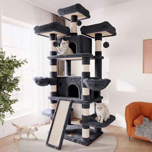 Image of SHA CERLIN 81 Inches Extra Large Cat Tree for Indoor Adult Cats /XXL Big Cat Tower with Condo /Cozy Perches /Sisal Scratching Posts and Hammocks /Activity Center /F80 /Heavy Duty /Dark Grey