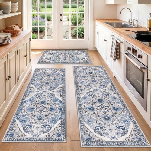 HEBE Boho Kitchen Rugs Set of 3, Non Slip Washable Kitchen Mats for Floor