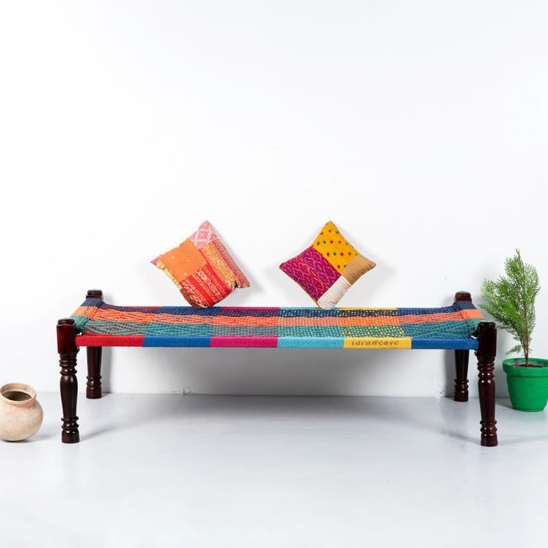 Image of Solid Sheesham Wood Charpai Khat | Handcrafted Daybed Khatiya Charpai with Cotton Rope | Traditional Khat Bed Wooden Diwan Cot for Living Room | 6X3 Feet | Colorful 002, Multicolor