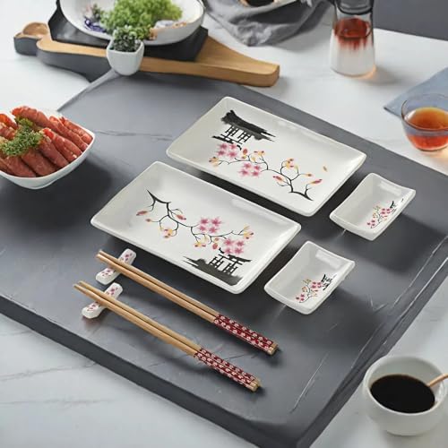 Image of 8 pcs Japanese Sushi Plate Sets Serving Platters and Trays for Entertaining Sushi Dishes Set Plates Sushi Plates Traditional Cuisine Dinnerware Sets with Chopsticks Pink Sakura