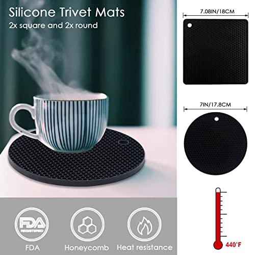 Image of 4 Pack Silicone Trivets for Hot Pots and Pans, Black Hot Pads Pot Holders, Non-Slip & Heat Resistant Silicone Mats for Kitchen Counter, Soft Durable Drying Mat, Jar Opener and Coasters, Black