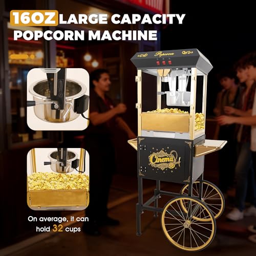 Image of Popcorn Machine with Cart & 16oz kettle for Home /Commercial (Black)
