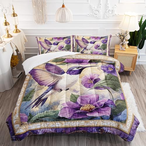 Image of AILONEN Purple Flower Hummingbird Comforter Set Queen Size,Boho Exotic Hummingbird Bedding Set for Girls Women,Beautiful Bird Print Comforter with 2 Pillowcases,3 Pieces
