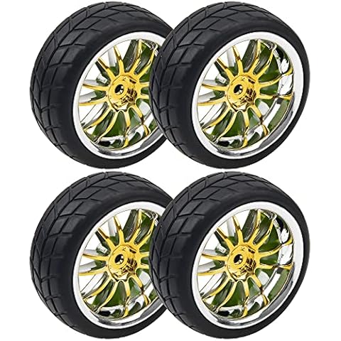 HIRCQOO 4Pcs 2.59in Rubber Tires & 12mm Hex Plastic Wheel Rims Set 14-Spoke w/Foam Compatible with Traxxas Kyosho HPI Tamiya Associated 1/10 RC On-Road Touring Car (Yellow) Cover