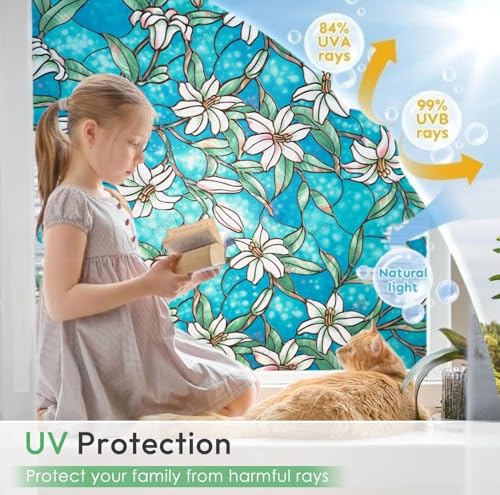 Image of CREON Blue Lily Orchid Flower Pattern (24 X 48 Inch) Decorative Window Privacy Film, Heat Control Sun Blocking Stained Glass Window for Bathroom Front Door