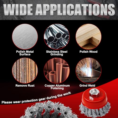 Image of Tioncy 12 Pack Wire Wheel for Angle Grinder, for 4-1 /2 inch Angle Grinder with 5 /8 inch-11 Arbor, Heavy Duty Carbon Brushes for Rust Removal Heavy Cleaning Polishing(Red,Knotted Wire Cup Brush)