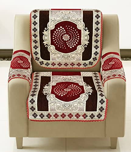 Image of SAWNA Homes 5 Seater Sofa Cover with Centre Table Mat | Chenille & Jackquard Sofa Panel 16 Pcs Set with Arm Cover 3+1+1 | 3+2 Seater Couch Cover for Living Room, Mehroon