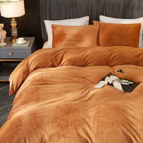 Ivellow Velvet Duvet Cover Queen Set Burnt Orange Queen Comforter Cover 3Pcs Ultra Soft Breathable Solid Luxury Flannel Velour Duvet Cover Zipper Closure Corner Tie