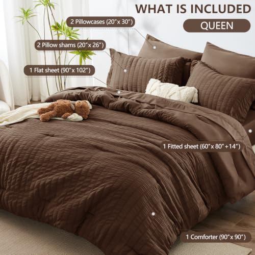 Image of HIMEET Queen Comforter Set - 7 Pieces Seersucker Bed in a Bag, Boho Bedding Sets for Bedroom Decor, All Season Home Essential Bed Set with Comforter, Sheets, Pillowcases & Shams, Brown