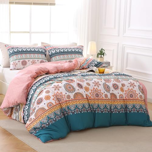 MUXHOMO Duvet Cover Full Size Floral Duvet Cover Set with Zipper Closure, Boho Flower Bedding Set, 3 Pieces, 1 Duvet Cover 80"x90" with 4 Corner Ties and 2 Pillowcases 20"x26"