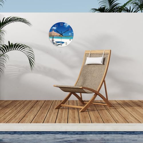 Image of XFM Blue Beach Wall Clock 12 Inch Silent | Non-Ticking Battery Operated Modern Glass Tropical Summer Coastal Decorative for Living Room Kitchen Bedroom Office