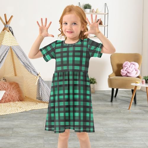 Emelivor Black Green Plaid Girls Dresses Short Sleeve T-Shirt Dress4
