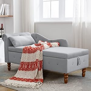 ERYE Velvet Upholstery Nailhead Trim Lounge for Home Apartment End of Bed, Functional Living Room Leisure Sofa Chaise W/Wood Legs, Lumbar Pillow,Curved Armrest, Roller Backrest & Storage, Grey