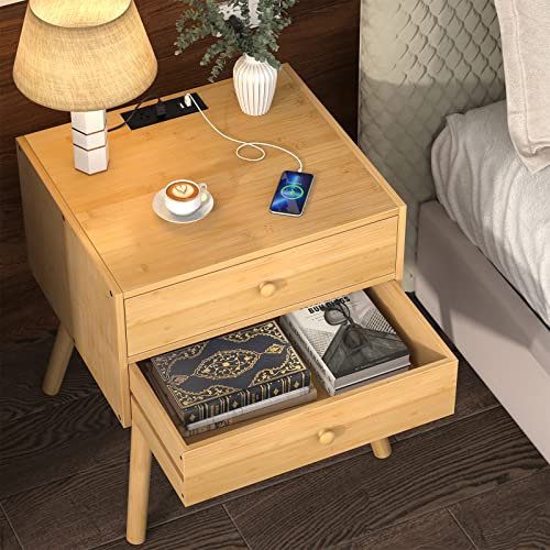 Homykic Large Nightstand With Charging Station, Bamboo Mid Century Modern Bedside Table With Usb Outlet And 2 Drawers, Real Wood Boho End Table Side Table For Bedroom, 19.7" W X 15.8" D, Natural #TOP7