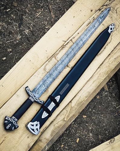 Sword 37-Inch Battle Ready Viking Battlefield Sword, 1095 Damascus Steel, Dual Sharp Edge, Full-Tang, with Scabbard