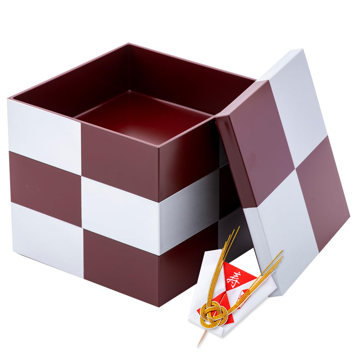 Amazon｜重箱 三段重 市松模様 銀朱 五寸 外寸15×15×15cm 容量784ml ×3