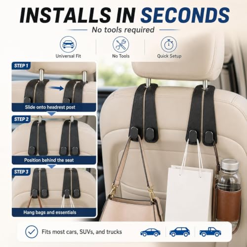 Image of Relevo Car Seat Headrest Hooks with Phone Holder, 2 Pack Leather Back Seat Hangers for Purses, Bags and Handbags, Universal Fit Car Organizer Accessories, Black