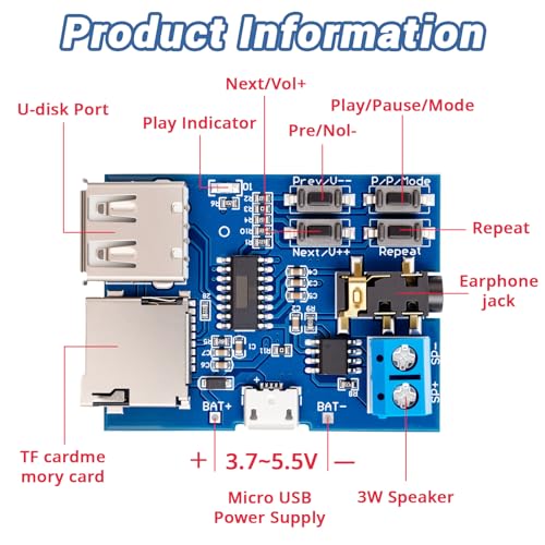 hiBCTR Super decoder - dfplayer mini mp3 Module with Audio Amplifier and Recorder for tf Card u Disk Play, Micro USB 5v Power Supply