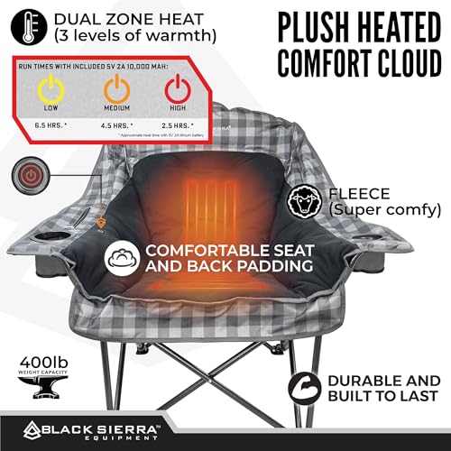 Silla de camping acolchada XL Black Sierra Heated Plush Fleece con calefacción para adultos, asiento plegable de alta resistencia con 3 niveles de calor y batería, soporta 400 lbs, portavasos y bolsa para camping y patio miniatura 4
