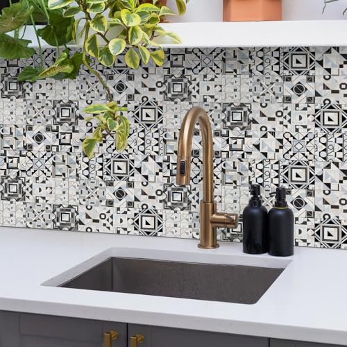 Baldosas Adhesivas Geometría Gris Negro Suelo Vinilo Autoadhesivo Vinilo Impermeables Panel Revestimiento Ducha para Baño Cocina Gabinete Muebles Decoración Azulejos Adhesivos 10x10cm /24 Piezas