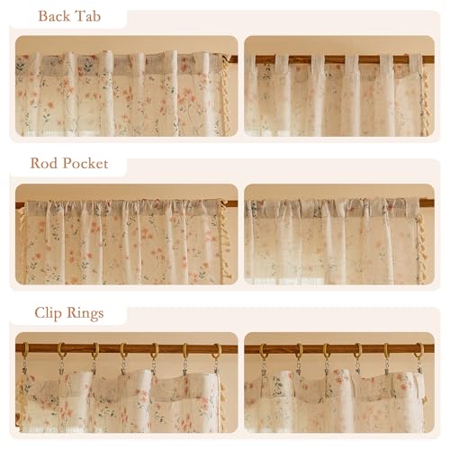 Image of MYSKY HOME Pink Floral Linen Semi Sheer Farmhouse Curtains 96 Inches Long 2 Panels Set for Living Room Patterned Boho Flower Drapes Girls Bedroom with Tassels Back Tab Window Treatments, 50 inch Wide