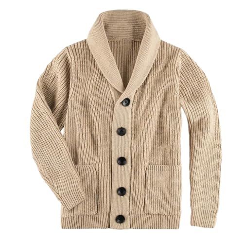 Men's Shawl Collar Button-Front Cardigan Sweater with Pockets - En8 Ribbed Warm Knit Cardigan