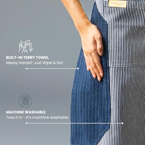 Image of Kitchen Apron - 100% Cotton, Adjustable Neck strap, Large Pocket - Unisex Apron for Men & Women - Cooking, Baking, BBQ, Gardening - Solid Colours, Striped and Checkered Patterns