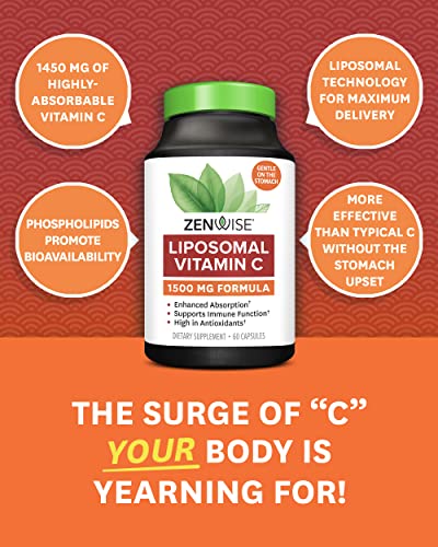Zenwise Health Liposomal Vitamin C Supplement, 1500 MG Enhanced Absorption Organic Vitamin C Liposomal for Antioxidant, Immune, Natural Energy Boost, and Skin Care Support - 60 CT