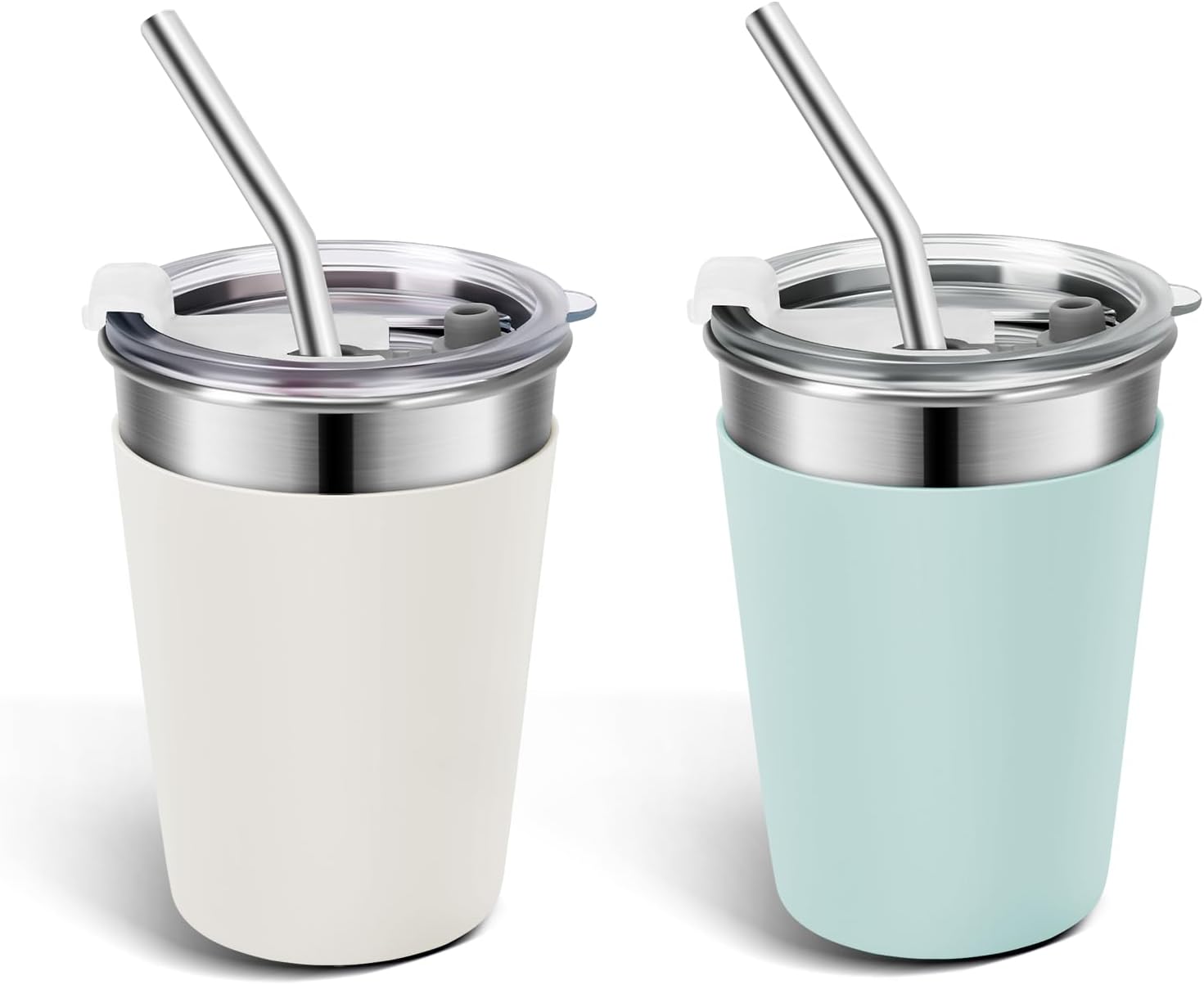 Ymmy Sam 2pcs Stainless Steel Cups with Lid and Straw,12oz Spill-proof Kids Tumblers, with Stainless Steel Straws Unbreakable Metal Cups with Heat-insulated Sleeves for Cold and Hot drinks