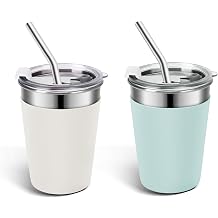 Ymmy Sam 2pcs Stainless Steel Kids Cups with Lids and Straws,12oz Spill-proof Kids Tumblers, Unbreakable Kids Cups with Heat-insulated Sleeves, Stainless Steel Straws