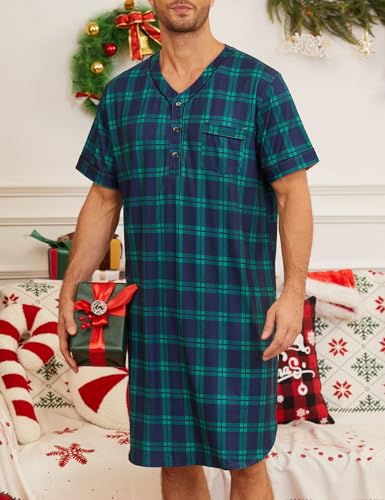 Image of SWOMOG Mens Nightgown Short Sleeve Lounge, Sleep Henley Shirt Pajama Big & Tall Nightshirt Comfy Nightwear M-3XL