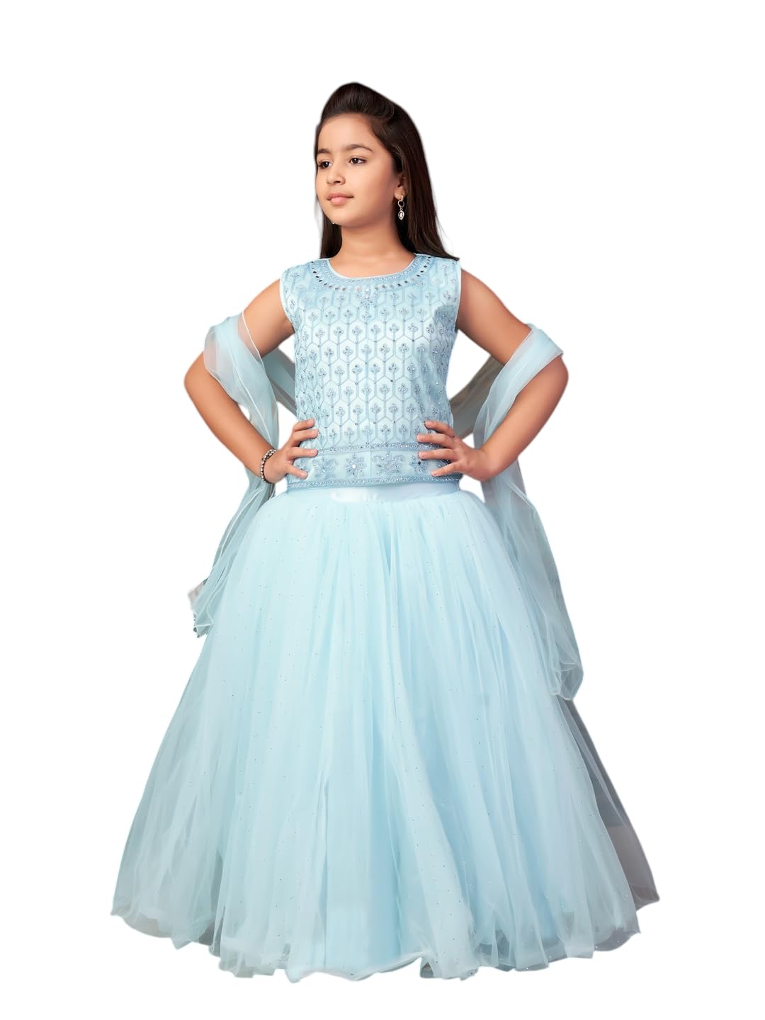 Aarika Girls Ethnic Wear Turquoise Colour Mirror Embroidery Net Lehenga Choli Set With Dupatta-3-13 Years (Lch-18273)