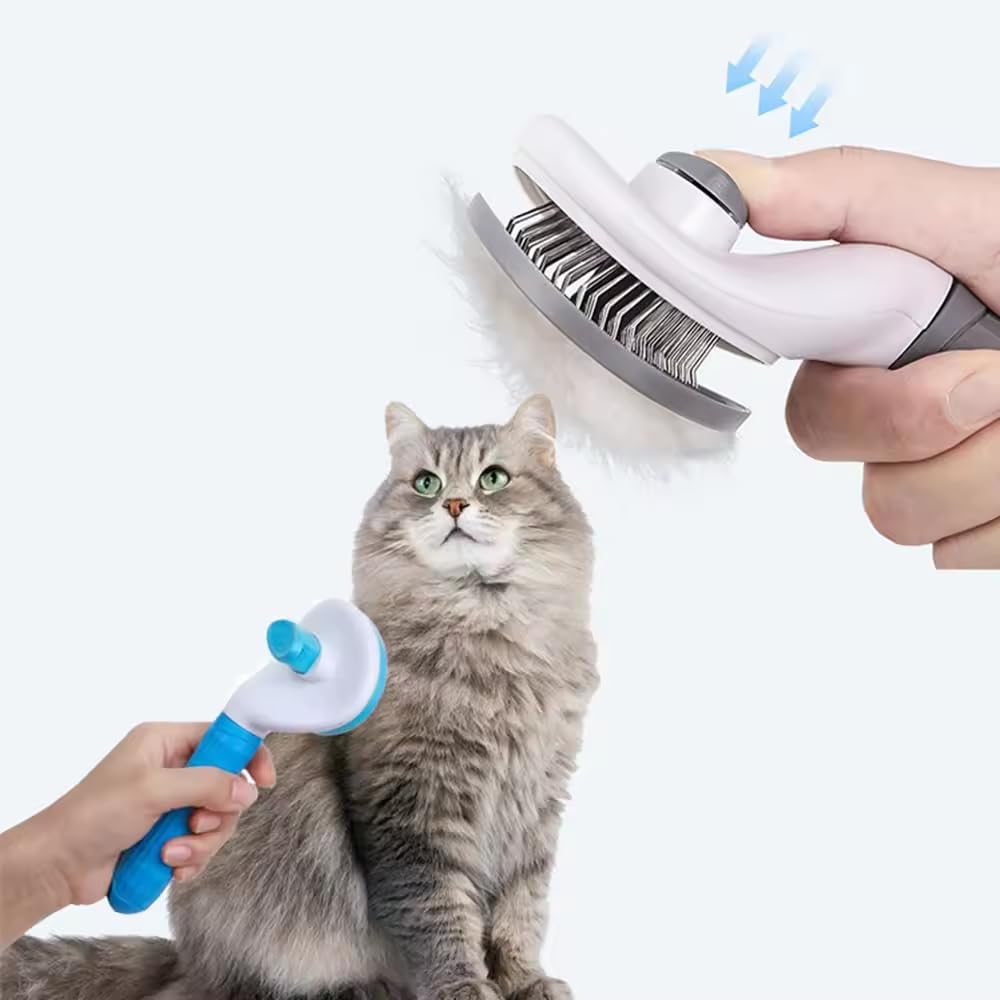 SIZAH Cat Dog Brush for Shedding Cat Dog Hair Brush with Release Button for Indoor Cats Dogs Self Cleaning Grooming Grey