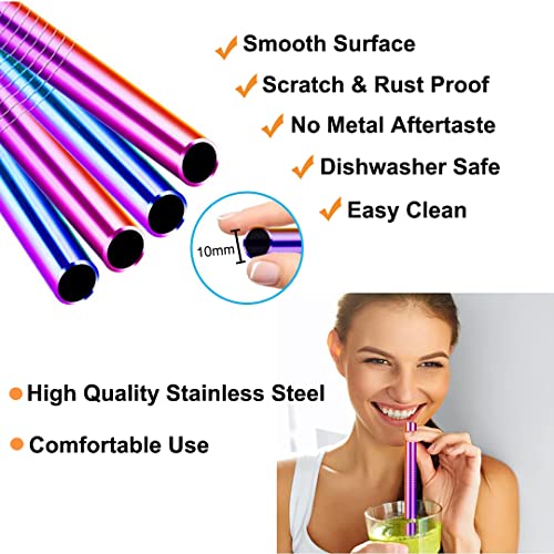 Image of Vinaco Reusable Smoothie Straw, 0.4'' Extra Wide Stainless Steel Straw 10.5'' & 8.5'' Long colorful Straws, 6 Pack Metal Straw with 1 Reusable Straw Brush Cleaner for Milkshake, Smoothie, Bubble tea