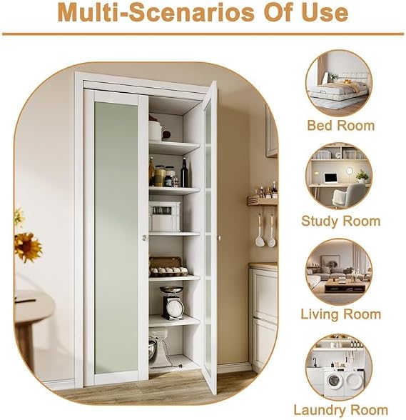 Pivot Swing Doors for 30 x 80 Opening, 3-Lite Tempered Frosted Glass Closet Door with Pivot Hardware, MDF Panel Interior Double Doors, Bifold Door Alternative - White