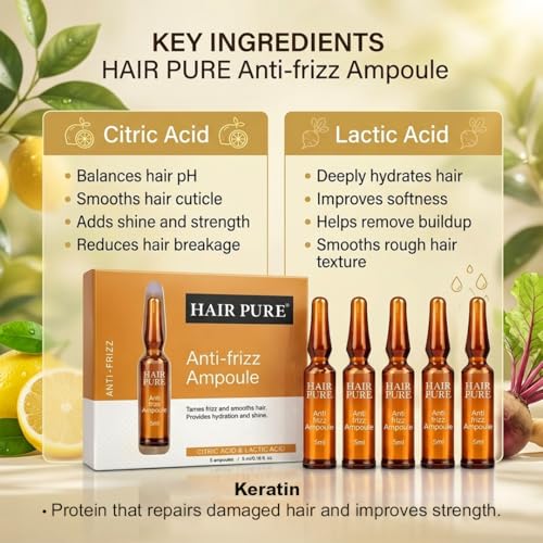 Image of Hair Pure Anti-Frizz Hair Ampoule with Citric Acid & Lactic Acid | Power booster for Frizzy Hair | Deep Hair Repair Treatment | Smooth, Shiny & Frizz-Free Hair | Intense Hydration & Damage Control | Professional Hair Care Formula