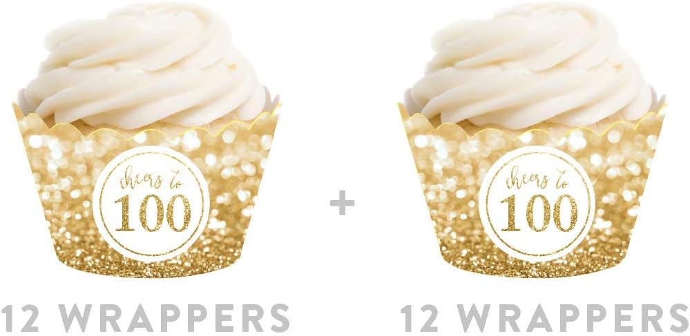 Andaz Press Glitzy Faux Gold Glitter Cupcake Wrapper Decorations, Cheers to 100 Years, 100th Birthday or Anniversary, 24-Pack, Not Real Glitter