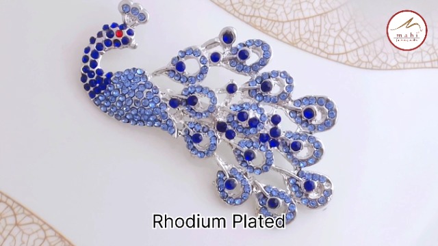 Mahi Sparkling Blue Crystals Peacock-Shaped Brooch/Saree Pin for