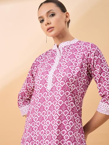 Image of Winza Designer Geometric Printed Pink Cotton Kurta Sets for Woman | Kurtasets | Kurti with Pant Co Ord Set for Women | Kurtas Kurtis | Cordset | Coordset