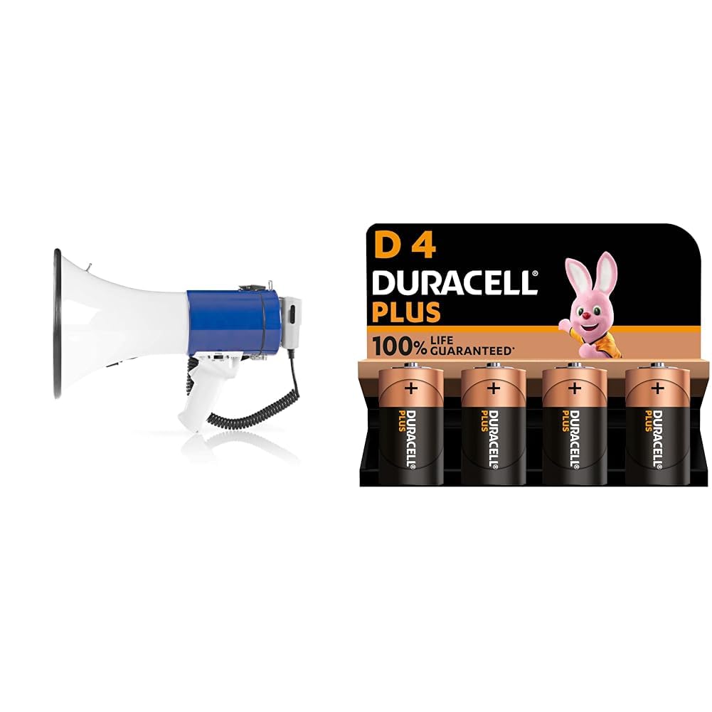 Nedis - Megafono - Microfono Staccabile - Sirena Integrata - 25 W - Tracolla & Duracell Batterie Plus D (pacco da 4) - Alcalina 1.5V - Fino al 100% di extra durata