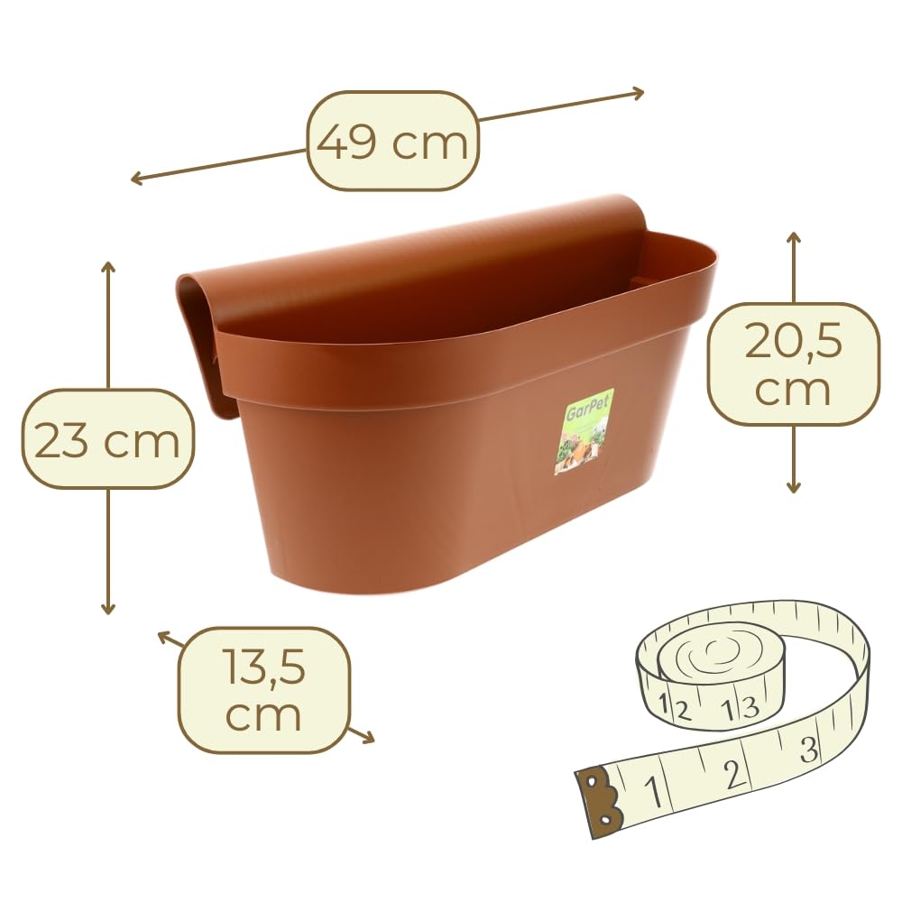 GarPet 4er Set Geländerkasten Balkon mit Wasserspeicher Blumentopf Zaun Blumenkasten Geländer Balkontopf Balkonkasten Geländerkasten Blumenkasten Balkon Terracotta 50 cm