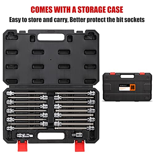 RIMKOLO 3/8 Inch Drive Long Ball End Hex Bit Socket Set,20-Piece SAE & Metric Allen Socket Set 3mm to 10mm & 1/8-3/8 Inch S2 Steel Bits
