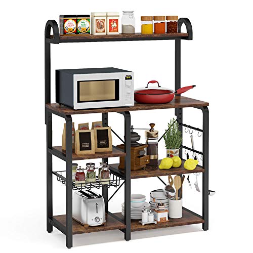 Tribesigns 35.5 inches Kitchen Baker’s Rack Microwave Oven Stand, Industrial Kitchen Cart Utility Storage Shelf Organizer Coffee Bar with Wire Basket and 6 Hooks (Rustic Brown) Tribesigns 35.5 inches Kitchen Baker’s Rack Microwave Oven Stand, Industrial Kitchen Cart Utility Storage Shelf Organizer Coffee Bar with Wire Basket and 6 Hooks (Rustic Brown)