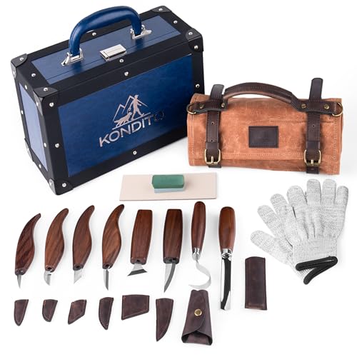 KONDITO Complete Wood Carving Kit – Premium Carving Knives Set with 7Cr17 Steel Blades, Safety Gloves, Honing Strop, Roll Bag & Gift Storage Case – Woodworking Tool Set for Adults & Beginners