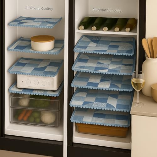 Image of Side-by-Side Door Fridge Shelf Liners Set: Mats for Refrigerator and Freezer Sections - Machine Washable Liners for Glass Shelves, Drawers, and Trays-Refrigerator Accessories, 22Pc(Blue Geometric)