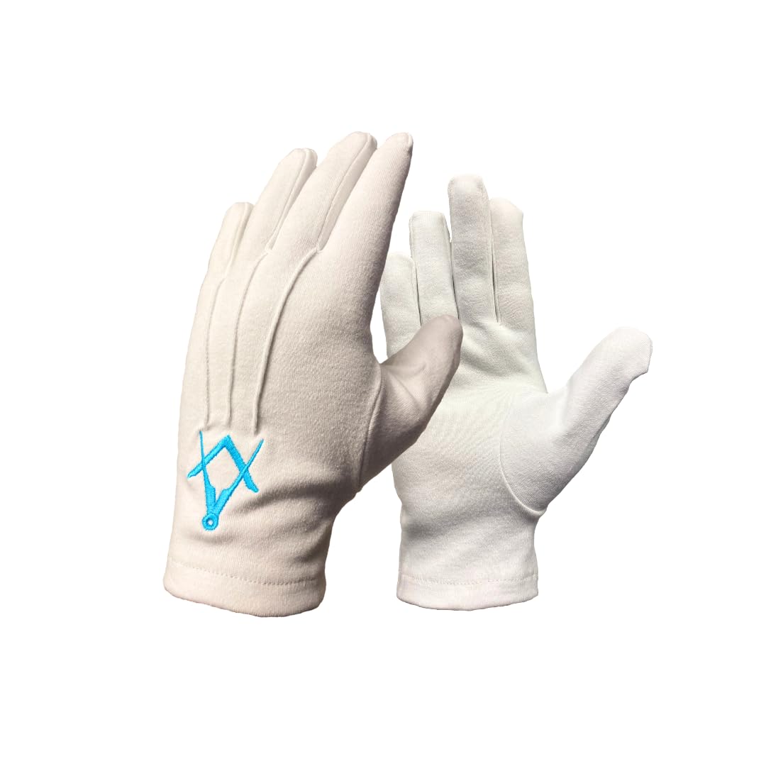 Regalia Store UK Masonic White 100% Cotton Gloves With Turquoise Blue Square & Compass Embroidery (Small)